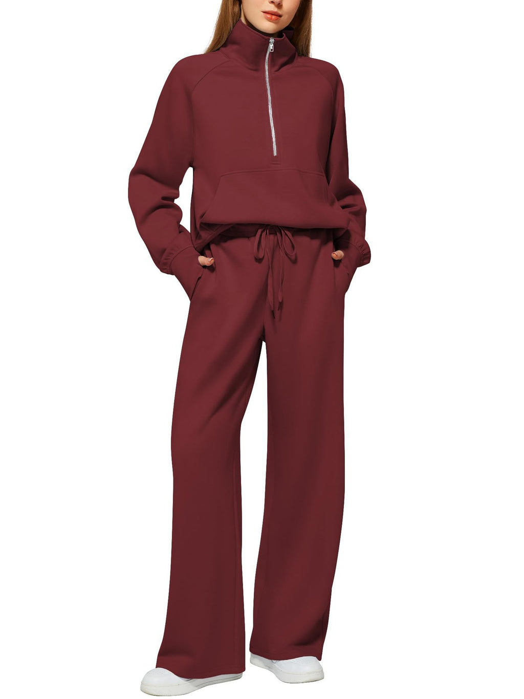 Women’s Half-Zip Sweatshirt & Wide-Leg Pants Set | Casual Solid Color Two-Piece Outfit | Elegant Long Sleeve Sporty Lounge Suit | Trendy High-Waist Wide-Leg Tracksuit | 2026 High-Fashion Athleisure Co-ord Set