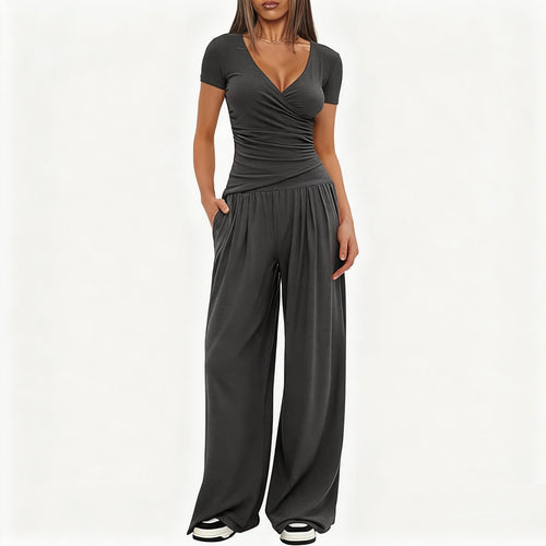 2 Pieces Women's V Neck Short-sleeve Sportswear Top And Wide-leg Pants Set Casual Comfortable Outfit Set For Daily Wear Gym Sports Outfit