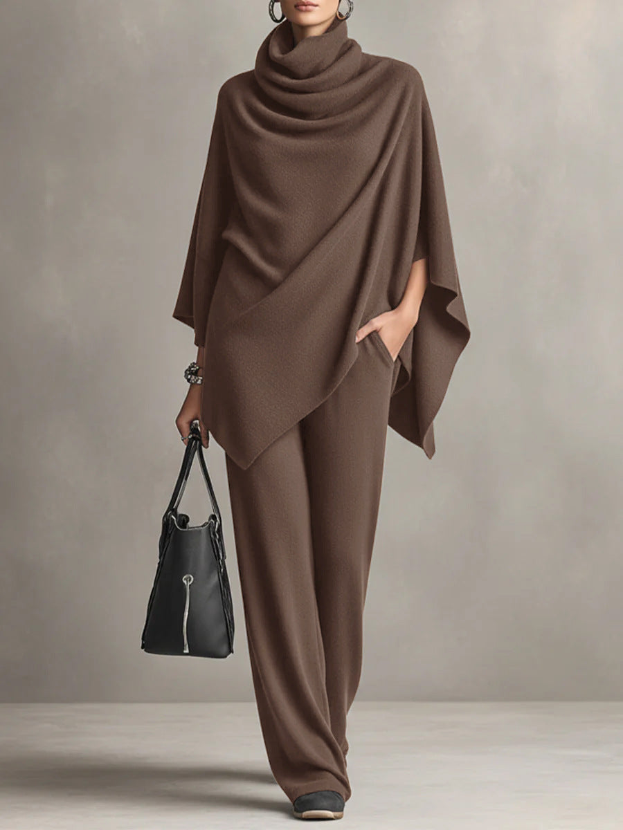 Women’s Cloak-Style Cape Top and Wide-Leg Pants Set | Elegant 2-Piece Formal Suite | Sophisticated Cape Sleeve Evening Outfit | Modern High-Sense Party Co-ord Set | 2026 Luxury Occasion Wear