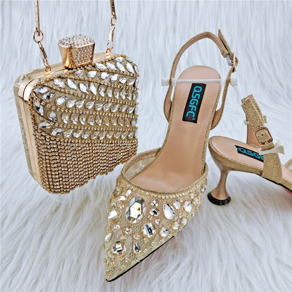 Luxury Ladies Party Sandals & Diamond Clutch Set | Sparkling Rhinestone Evening Heels & Matching Bag | Glamorous Wedding Party Footwear & Accessory Suite | "Iced-Out" Gala Duo